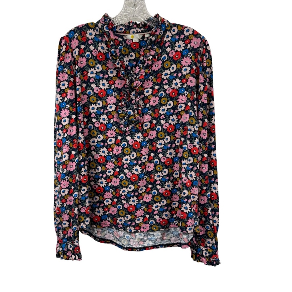 Boden Floral Ruffle-Neck Blouse in Black, Pink, White, Red, Green